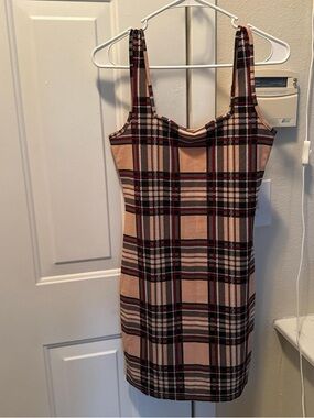 SHEIN Pink Plaid Midi Bodycon Dress